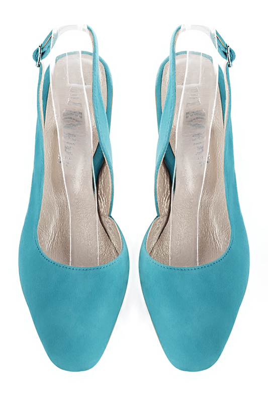 Turquoise blue women's slingback shoes. Round toe. High slim heel. Top view - Florence KOOIJMAN